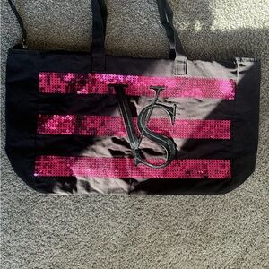 Victoria's Secret Black Tote with Pink Sequin Stripes